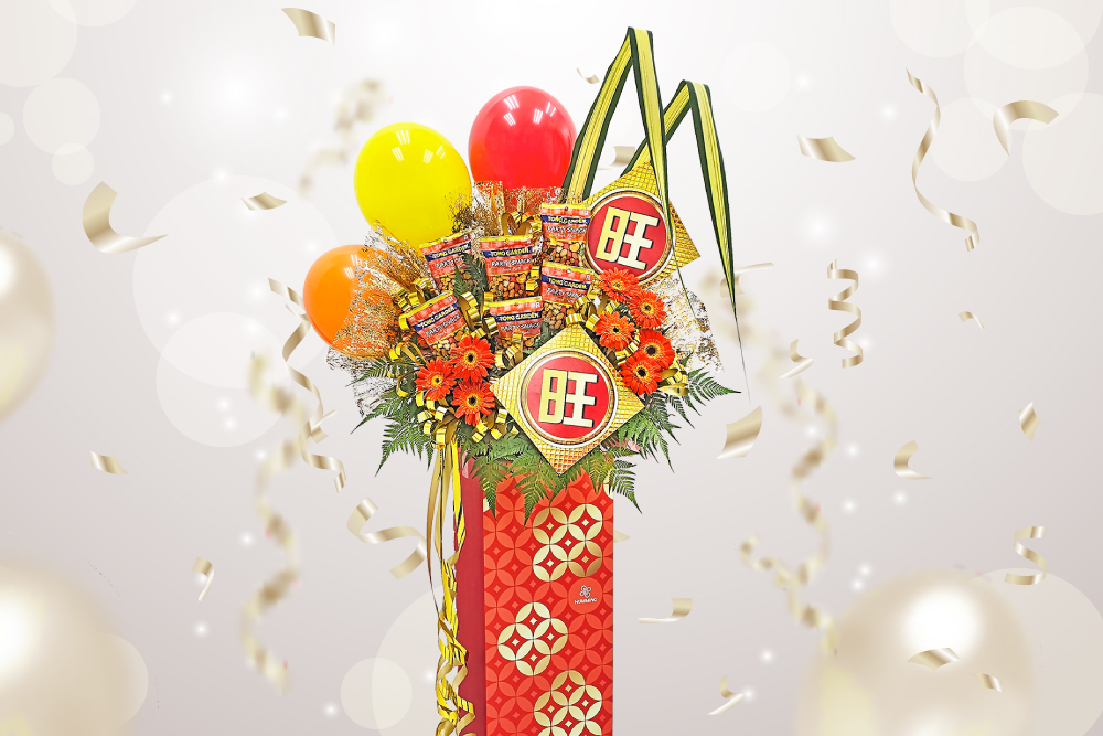 A vibrant grand opening flower stand with bright orange gerbera blooms, 3 balloons, 6 festive party snacks, and a heartfelt wish of prosperity.